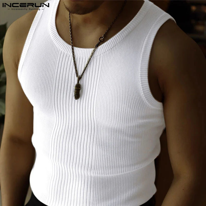 INCERUN Tops 2024 Koreanischen Stil Männer der Pit Streifen Gestrickte Gespleißt Tank Tops Casual Streetwear Männlichen Einfarbig Einfache Westen S-5XL