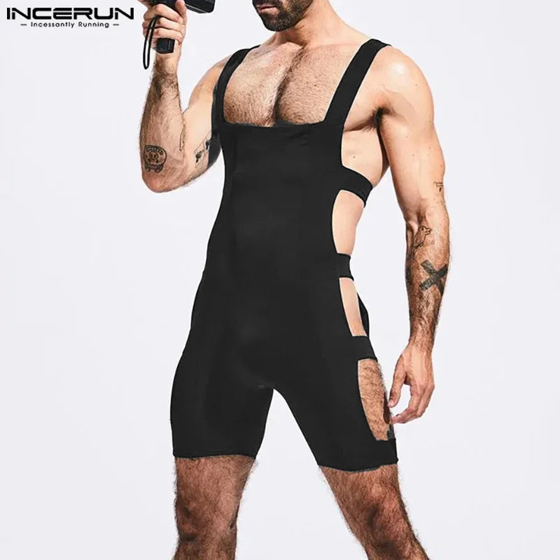 INCERUN 2024 Sexy Men Loungewear Stylish Side Hollowed Tight Elastic Jumpsuit Casual Solid Sleeveless Flat Angle Bodysuits S-5XL