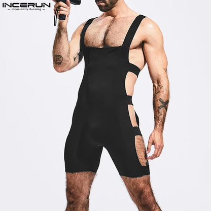 INCERUN 2024 Sexy Männer Loungewear Stilvolle Seite Ausgehöhlt Engen Elastischen Overall Lässig Solide Ärmellose Flache Winkel Bodys S-5XL