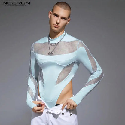 INCERUN 2023 Sexy Homewear Men's Bodysuits Half High Neck Mesh Splice Rompers Casual Fashion Thimble Long Sleeve Jumpsuits S-3XL