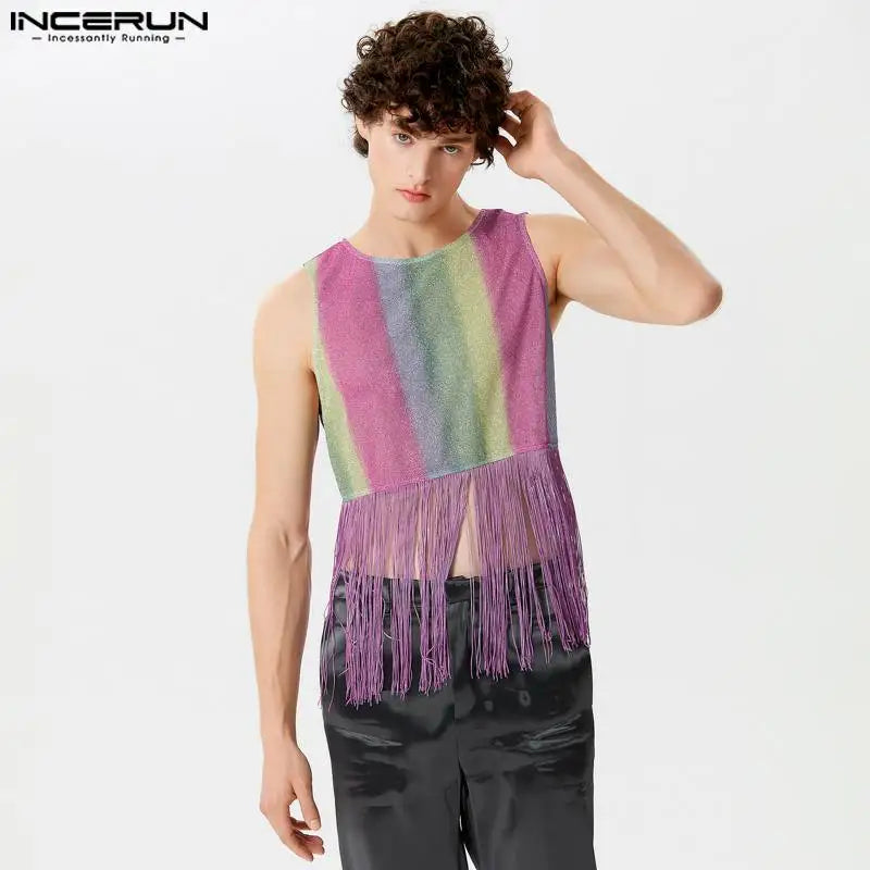 Fashion Casual Style Tops INCERUN New Mens Rainbow Gradient Tassel Patchwork Vests Male Clubwear Sleeveless Tank Tops S-5XL 2024