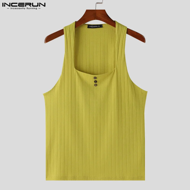 INCERUN Tops 2024 Korean Style New Mens Knitted Pit Stripe Design Vests Summer Streetwear Sleeveless Square Neck Tank Tops S-3XL