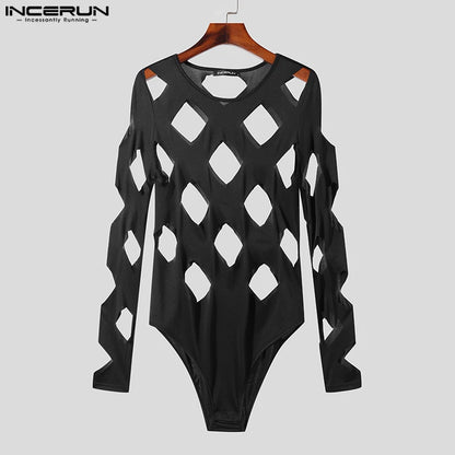 INCERUN 2023 Sexy Fashion Style Men's Bodysuits Hollow Diamond Design Rompers Casual Homewear O-Neck Long Sleeve Jumpsuits S-3XL