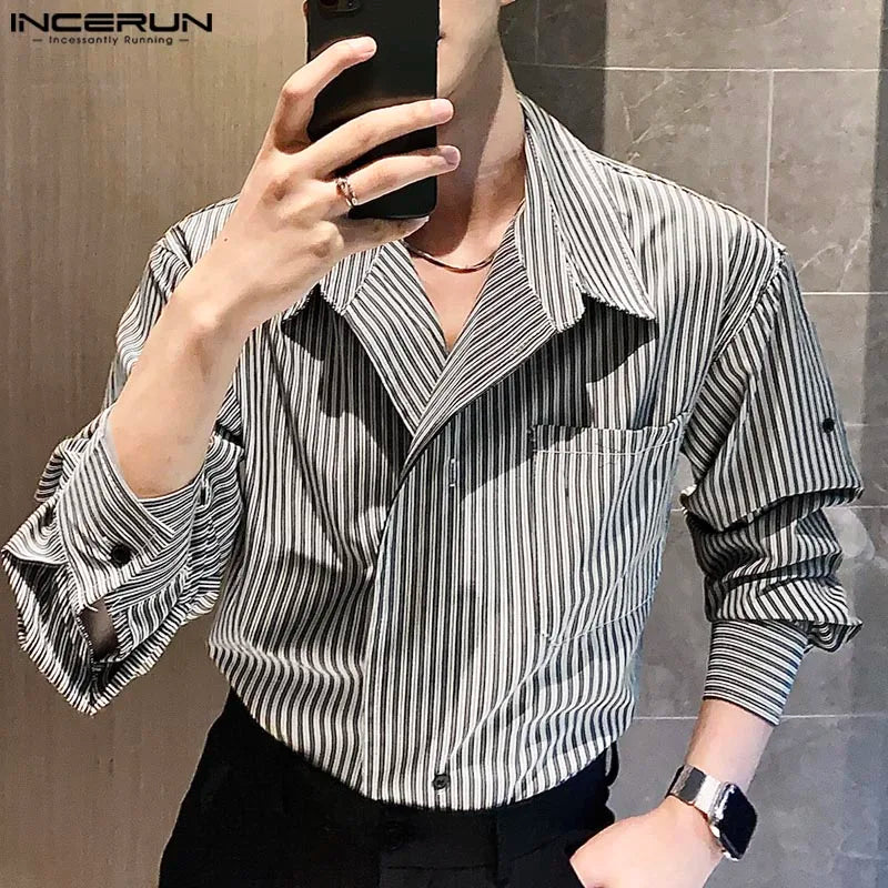 INCERUN Men Blouse Casual Loose Vintage Style Stripe Shirts Long Sleeve Autumn New Fashion Office Work Wear Stylish Tops