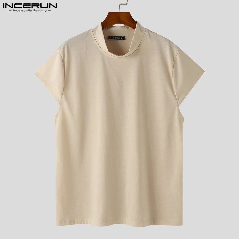 INCERUN Tops 2024 Korean Style New Men Solid Stand Collar Design T-shirts Casual Streetwear Male Loose Sleeveless Camiseta S-5XL