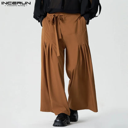 INCERUN 2024 Pantalon de style américain élégant pour hommes, pantalon long plissé à jambes larges, pantalon à bretelles taille haute, vente chaude, S-5XL