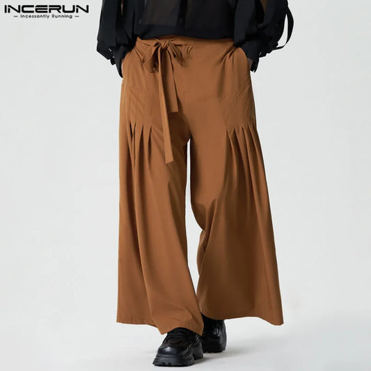 INCERUN 2024 American Style Trousers Stylish Men Pleated Wide Leg Long Pants Male Hot Selling High Waisted Strap Pantalons S-5XL