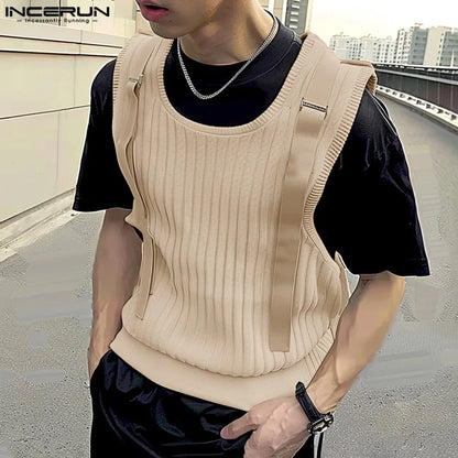 INCERUN Tops 2024 Korean Style Men's Shoulder Strap Design Stripe Vests Casual Streetwear Male O-neck Sleeveless Tank Tops S-5XL