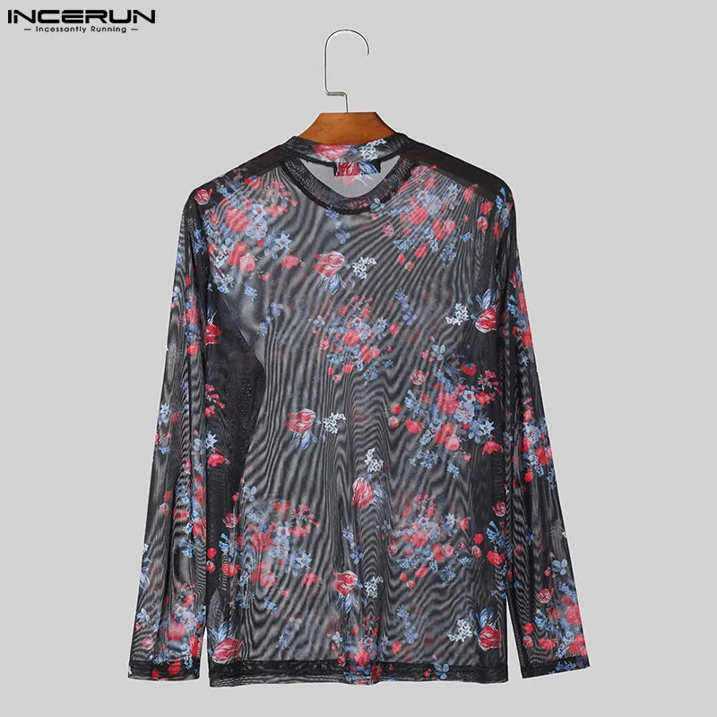 Fashion Well Fitting Tops INCERUN New Men O-neck Printing Slightly Transparent Camiseta Stylish Long Sleeved T-shirts S-5XL 2024