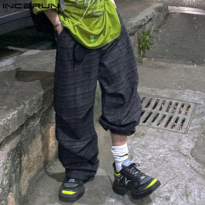 INCERUN 2024 Koreanische Stil Pantalons Neue männer Plaid Plissee Hosen Casual Persönlichkeit Männlichen Alle-spiel Gerade Bein Hose S-5XL