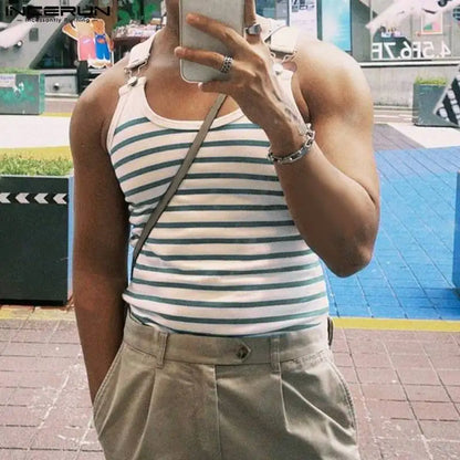 Fashion Casual Style Tops INCERUN Men Horizontal Stripe Blue&White Strap Buckle Vests Handsome Men's Sports Knit Waistcoat S-5XL