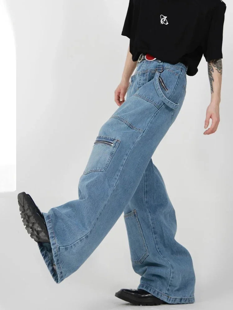 HOUZHOU Baggy Cargo Jeans Men Denim Wide Leg Trousers Male Oversize Casual Streetwear Hip Hop Pocket Zipper Safari Style