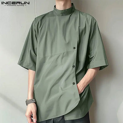 Summer Handsome Men's Tops INCERUN Fashion Slanted Placket Design Shirts Male Casual Loose Solid Half Sleeved Blouse S-5XL 2024