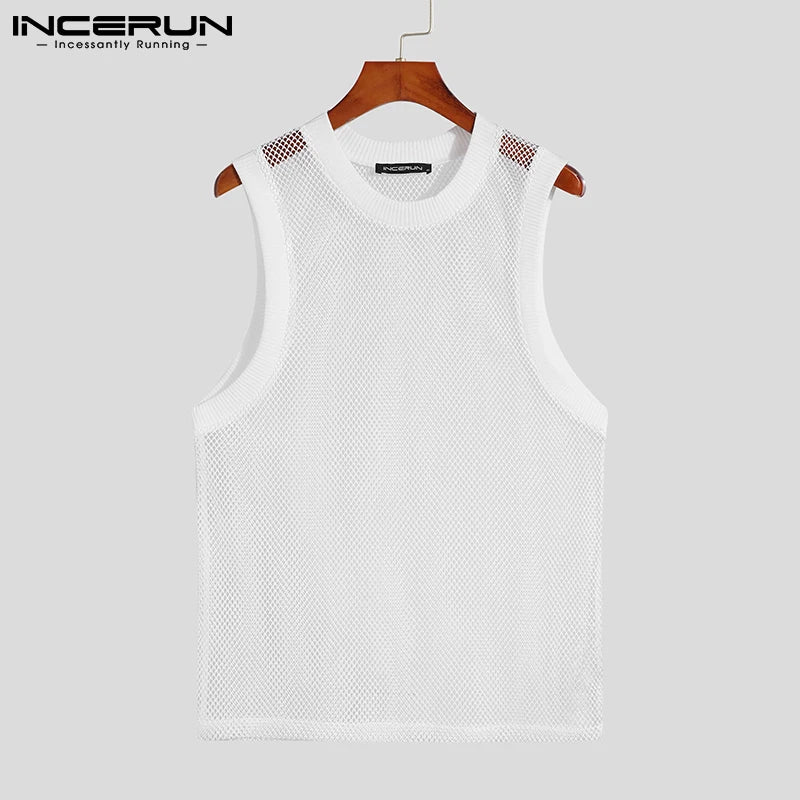 INCERUN Tops 2023 American Style New Men See-through Mesh Waistcoat Fashion Casual Male Hot Sale Knit Sleeveless Tank Tops S-5XL