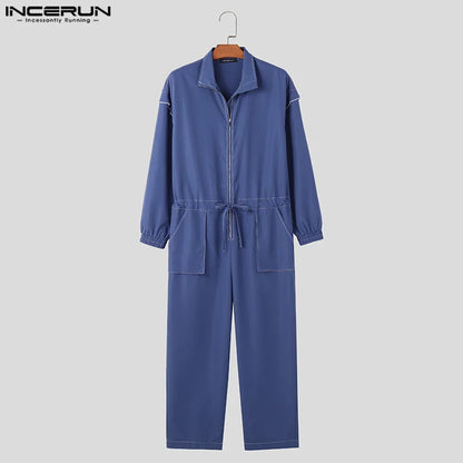 Fashion Casual Style Bodysuits INCERUN Men's Contrast Color Line Jumpsuits Male All-match Personality Long Sleeved Rompers S-5XL