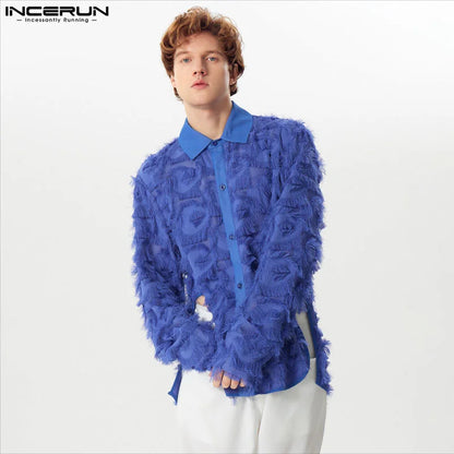 INCERUN Tops 2024 American Style New Men's Jacquard Tassel See-through Mesh Shirts Fashion Party Shows Long Sleeved Blouse S-5XL