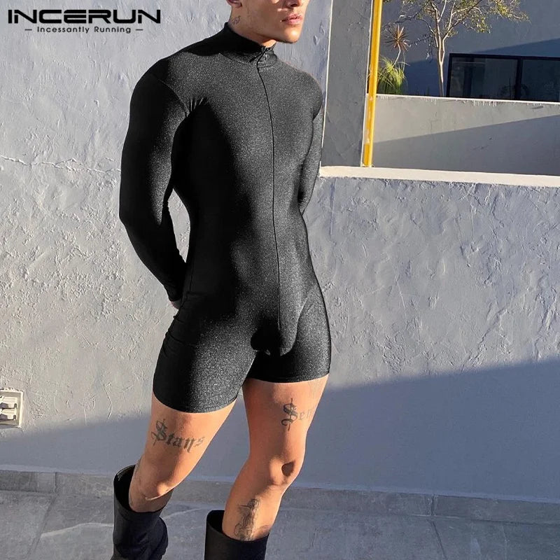 INCERUN 2023 American Style New Men Fashionable Half High Neck Solid Color Rompers Casual Sexy Male Long Sleeved Jumpsuits S-5XL