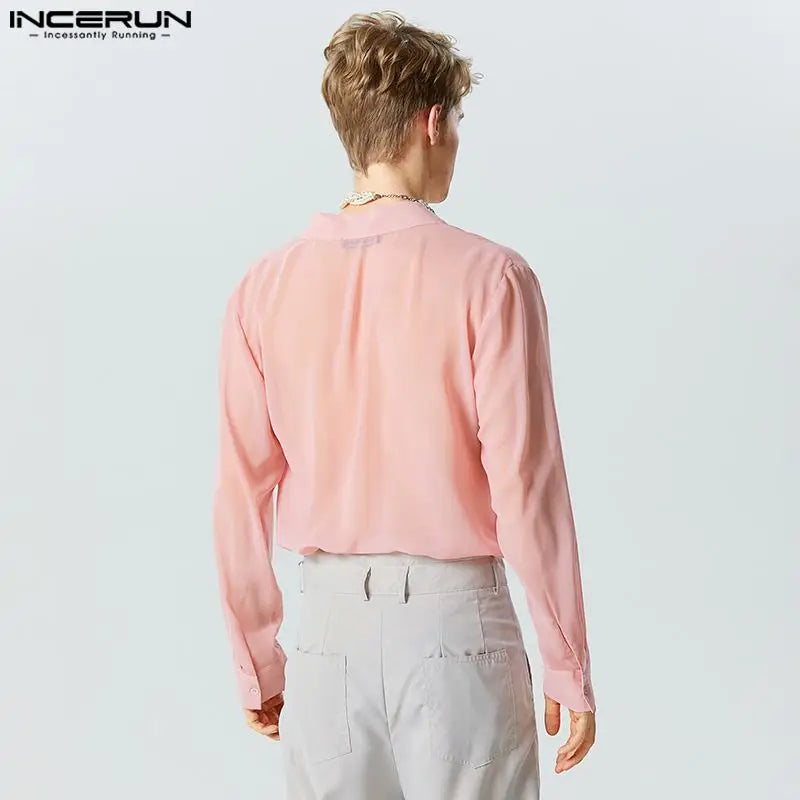 Sexy Fashionable Style Tops INCERUN Handsome Men's Knot Neck See-through Mesh Shirts Casual Party Solid Long Sleeve Blouse S-5XL