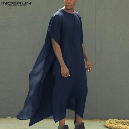 INCERUN 2023 Muslim Style Isiamic Arabic Kaftan New Mens Long-style Kaftan Robe Casual Male Solid Short Sleeve Jubba Thobe S-5XL