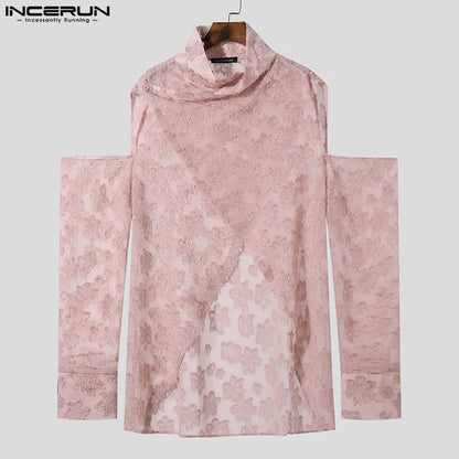 INCERUN Tops 2024 American Style Handsome New Mens Tassel Feather Jacquard Shirts Casual Irregular Hem Long Sleeved Blouse S-5XL