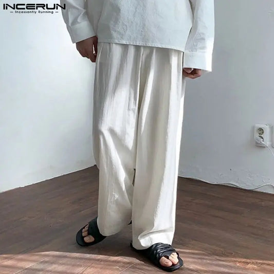 INCERUN 2024 Koreanische Stil Hosen Männer Gerade Baumwolle Leinen Lange Hose Casual Einfache Männliche Feste Alle-spiel Lose Hosen S-5XL