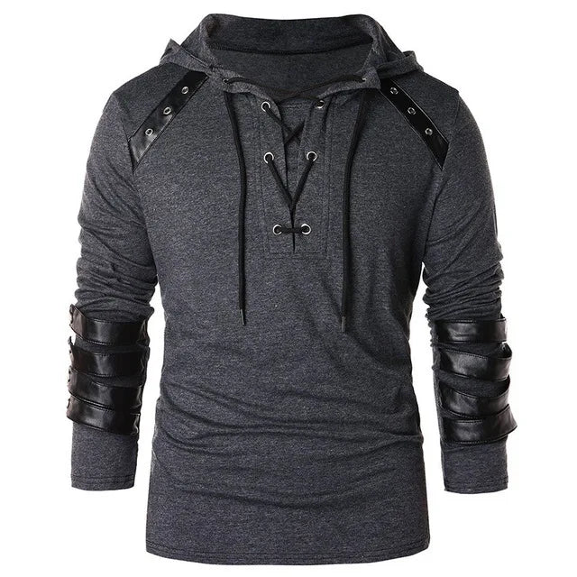 T-shirt médiéval pour homme adulte, sweat-shirt gothique steampunk à lacets, manches longues, pull à capuche, chemises d'Halloween