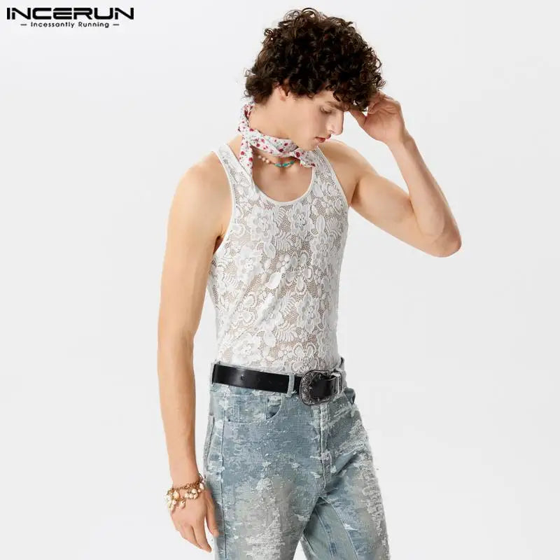 INCERUN Tops 2024 American Style Men's Hollow Lace Print Design Vests Casual Simple Male Comfortable Sleeveless Tank Tops S-5XL