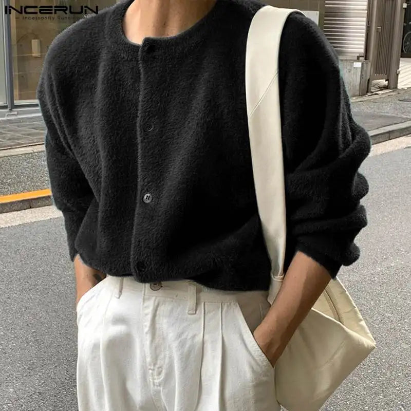 INCERUN Tops 2024 Korean Style New Men's Solid O-neck Loose Pullover Fashion Simple Knitted Cardigan Long Sleeved Sweater S-5XL