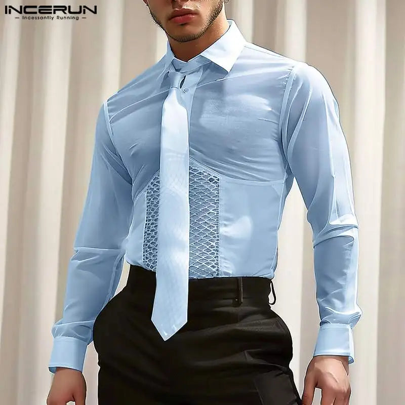 INCERUN Tops 2024 Style américain Nouveaux hommes Mesh Splicing Déconstructif Design Chemises Casual Solide Mince Chemisier à manches longues S-5XL