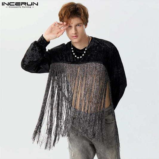 Stylish Casual Style Tops INCERUN Men's Cropped Suede Patchwork Long Tassel T-shirts Sexy Male Long Sleeved Camiseta S-5XL 2024