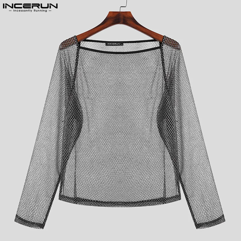 Sexy Fashionable Style Tops INCERUN Men Sparkling See-through Mesh Fabric T-shirt Male Hollow Design Long Sleeved Camiseta S-3XL