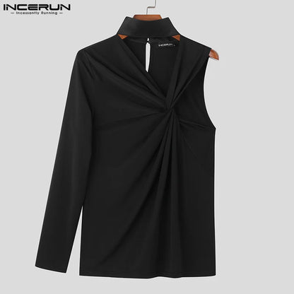 INCERUN Tops 2024 Men's Twisted Shoulder Cut Design T-shirts Casual Party Shows Solid Half High Neck Long Sleeved Camiseta S-5XL