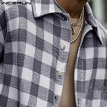 Fashion Casual Style Tops INCERUN 2024 New Men's Plaid Design Pattern Shirts Handsome Male All-match Long Sleeved Blouse S-5XL