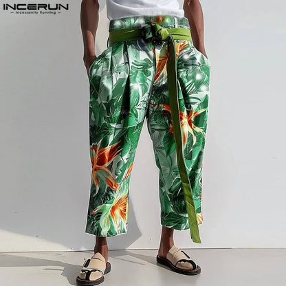 INCERUN 2024 Korean Style Trousers Men's Personality Flower Leaf Printing Long Pants Casual Streetwear All-match Pantalons S-5XL