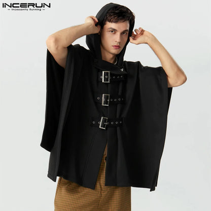 2023 Men Cloak Coats Solid Color Hooded Button Irregular Trench Ponchos Streetwear Loose Fashion Casual Male Cape S-5XL INCERUN