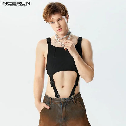 INCERUN 2024 Sexy Style Homewear Kleidung Herren Casual Schnalle Design Jumpsuits Mode Ausgehöhlte Dünne Ärmellose Bodys S-5XL