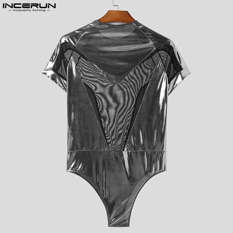 INCERUN 2024 Sexy Casual Hommes Loungewear Flash Splicing Mesh Design Bodys Élégant Hommes Manches Courtes Triangle Combinaisons S-3XL