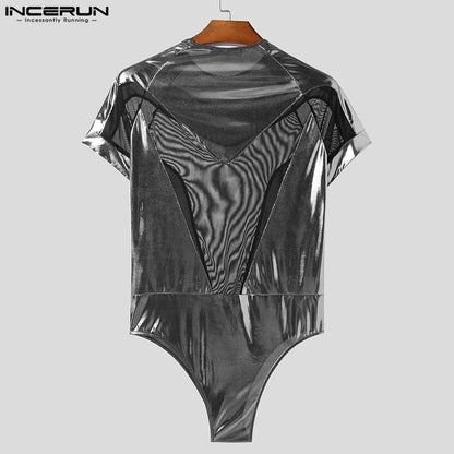 INCERUN 2024 Sexy Casual Mens Loungewear Flash Splicing Mesh Design Bodysuits Stylish Male Short Sleeve Triangle Jumpsuits S-3XL