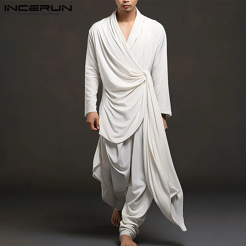 INCERUN 2024 Koreanische Stil Männer Einfache Elegante Sets Freizeit Unregelmäßige Solide Lange Ärmeln Tops Hosen Streetwear Anzug 2 Stück S-5XL