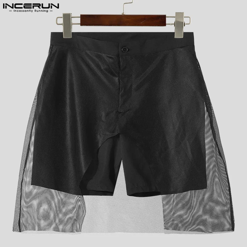 INCERUN 2024 American Style New Mens Shorts Fashionable Streetwear Fake Two-piece Design Shorts Mesh Splicing Solid Shorts S-5XL