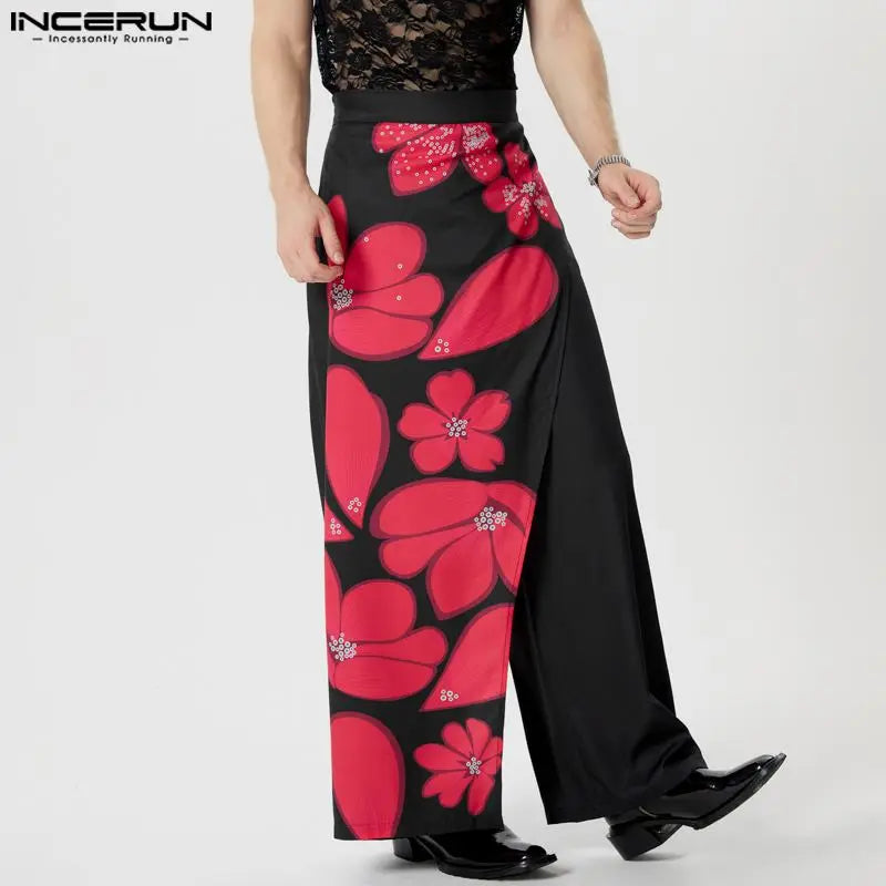 INCERUN 2024 American Style Trousers Stylish Men Fake Two-piece Spliced Floral Print Pants Male Leisure Wide Leg Pantalons S-5XL