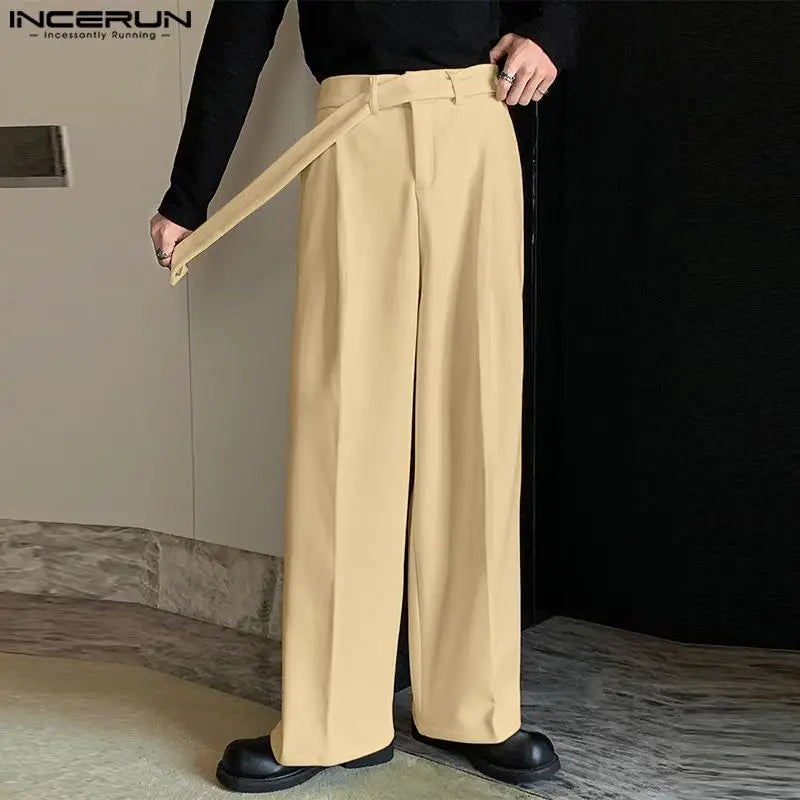 INCERUN 2024 Pantalons de style coréen pour hommes, conception de ceinture assortie, pantalon à jambe droite, loisirs, solide, confortable, pantalon long S-5XL