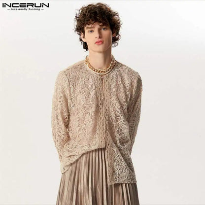 INCERUN Tops 2024 American Style Fashion Men Perspective Jacquard Button Shirts Casual Simple Long Sleeved Cardigan Blouse S-5XL