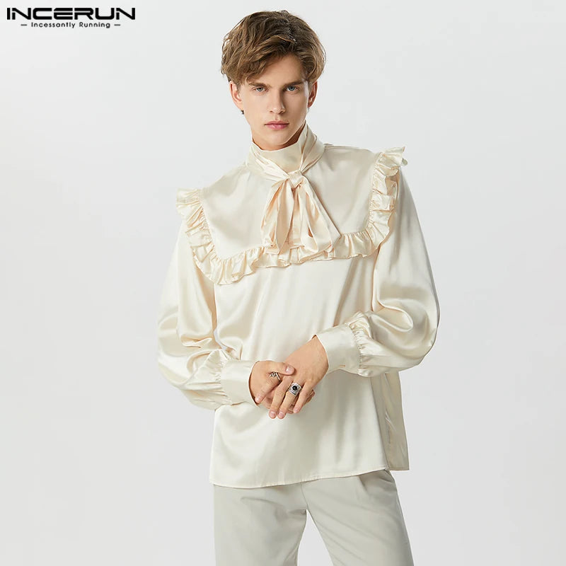 INCERUN Tops 2023 Amerikanischer Stil Neue Herren Satin Krawatte Rüschen Design Hemden Casual Fashion Palace Stil Langarm Bluse S-5XL