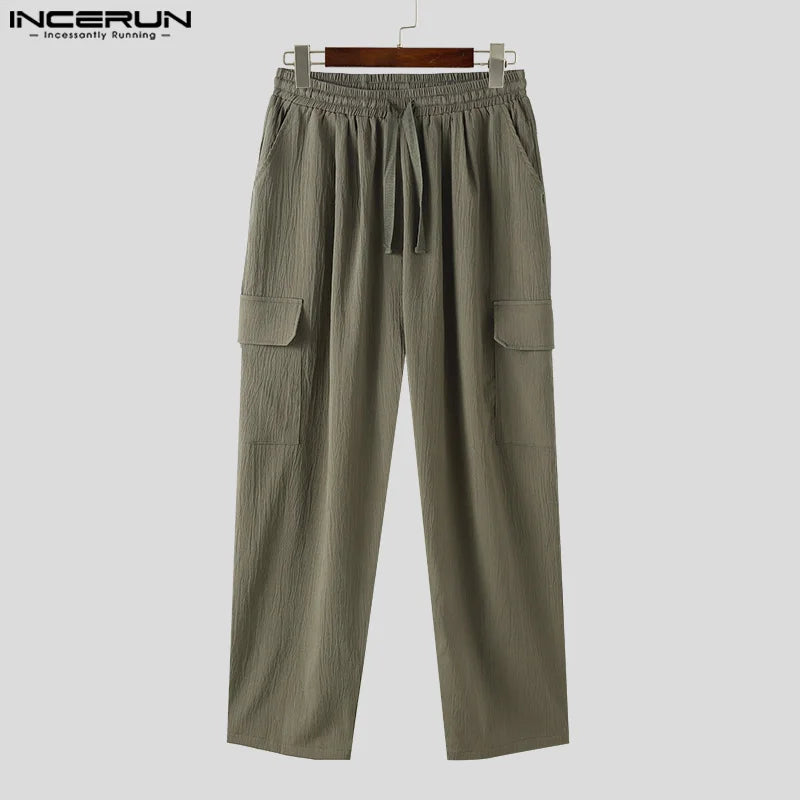 INCERUN 2024 Amerikanischen Stil Pantalons Männer Mode Lose Fracht Lange Hose Freizeit Streetwear Solide Taschen Breite Bein Hose S-5XL