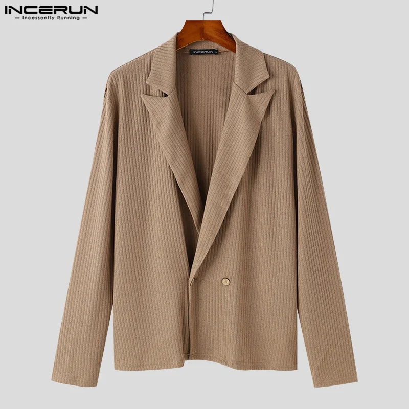 Fashion Well Fitting Tops INCERUN New Men Deep V-neck Striped Design Suit Coats Casual Male Solid Long Sleeved Blazer S-5XL 2024