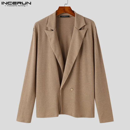 Mode gut sitzende Oberteile INCERUN Neue Männer Tiefem V-Ausschnitt Gestreiftes Design Anzugmäntel Lässiger männlicher solider Langarm-Blazer S-5XL 2024