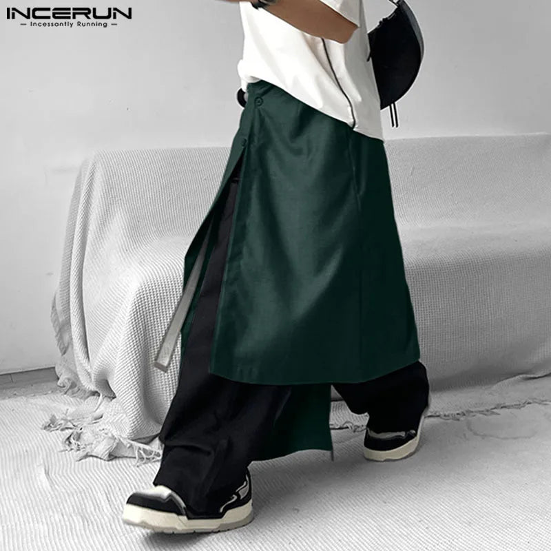 INCERUN 2024 Korean Style Men's Skirts Pants Fashion Personality Irregular Long Pants Streetwear Loose Half Body Trousers S-5XL