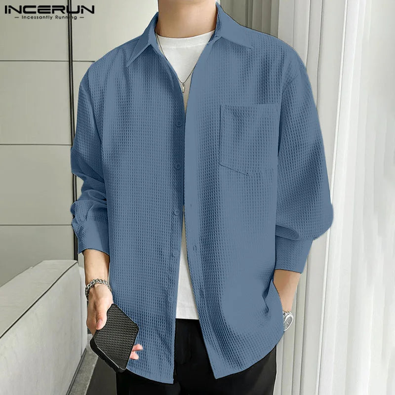 Handsome Well Fitting Tops INCERUN New Men's Casual All-match Texture Shirts Fashion Streetwear Solid Long Sleeved Blouse S-5XL