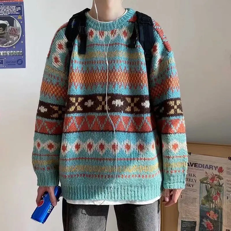 HOUZHOU Men's Knitted Vintage Graphic Sweater with Pattern Brown Blue Pullovers Sweaters and Jumpers Korean Streetwear Harajuku